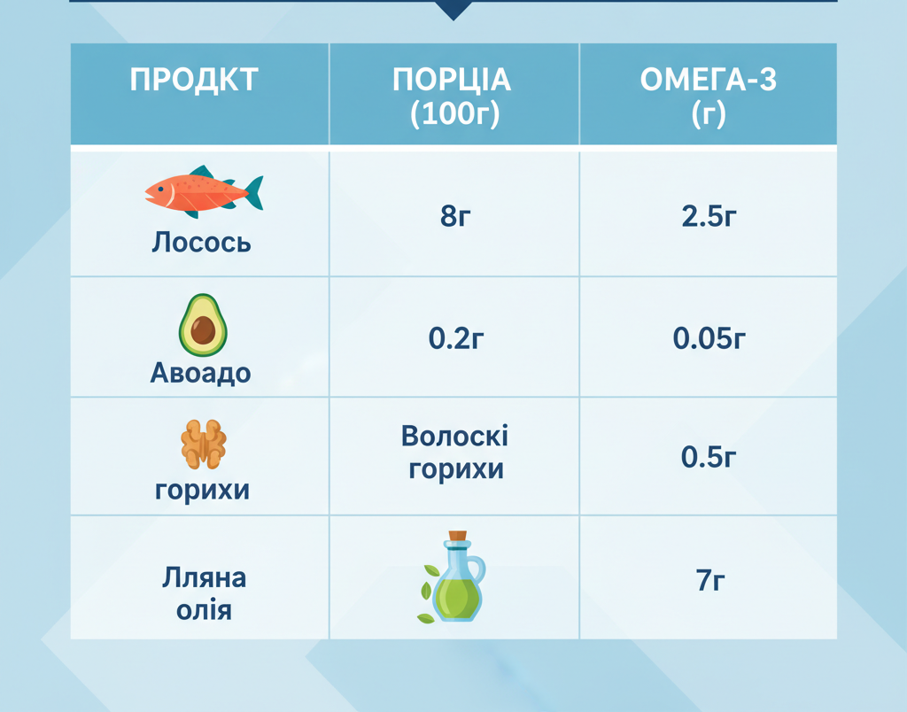 Таблиця вмісту омега-3 у популярних продуктах — иллюстрация к статье «омега 3 в яких продуктах»